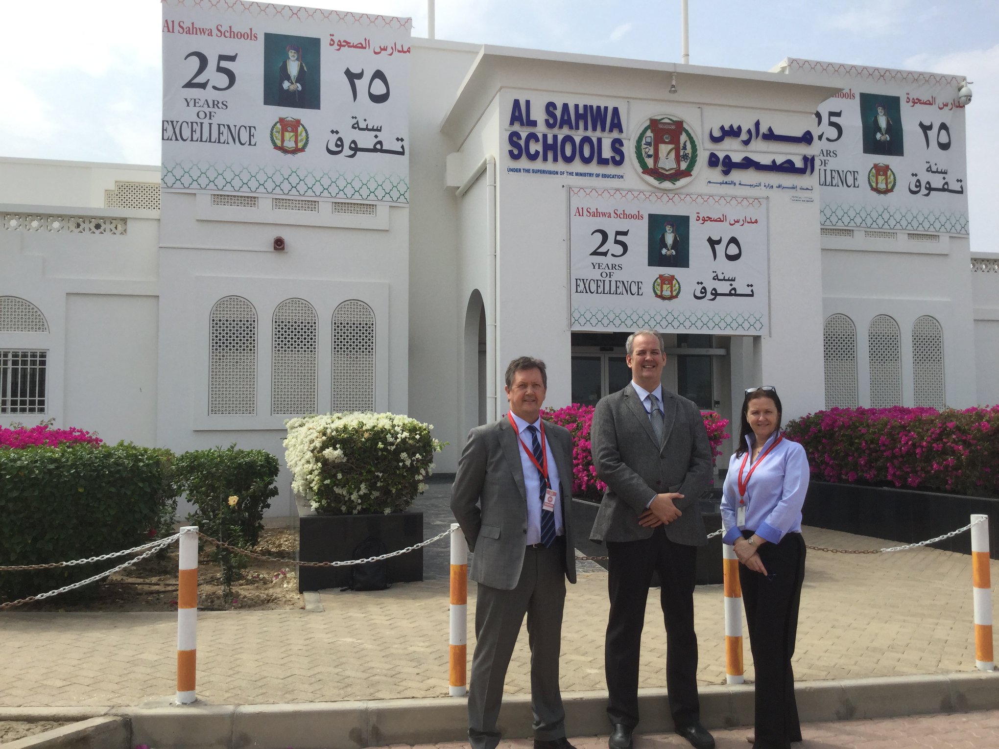 Bill Turner (L) and Alison Turner meet with Dr. Peter Coles, Director at Al Sahwa Schools