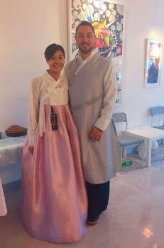 Sujin and Brian in Korean traditional outfits (hanbok)