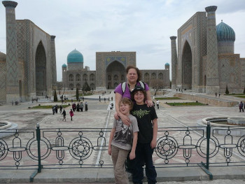 Gita and her sons, back then, in front of the Registan in Uzbekistan
