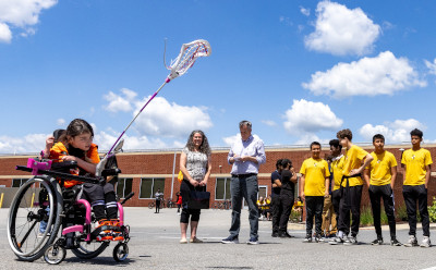 Engineering Signature Program students testing adaptive lacrosse gear